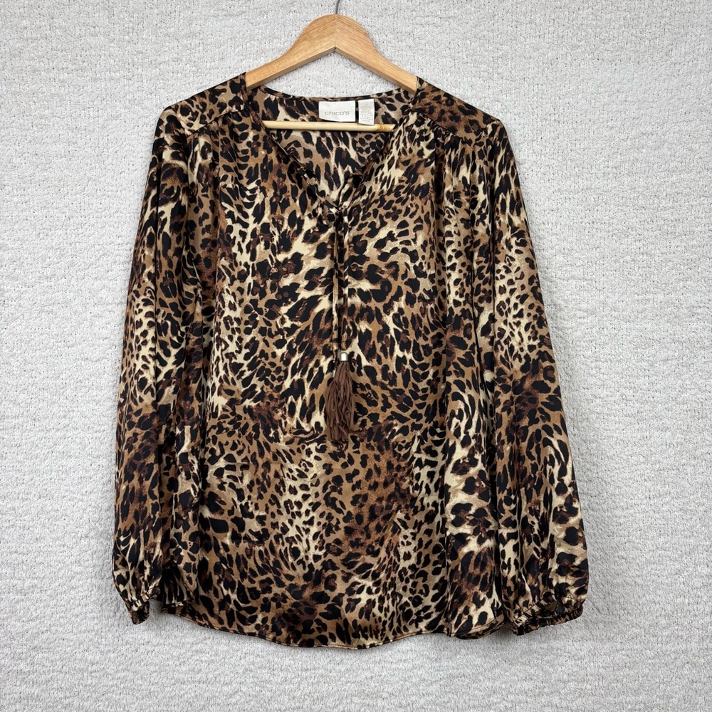 Chico's Top Womens 2 Lg/12 Animal Glamour Louise Leopard Print Tassel Blouse